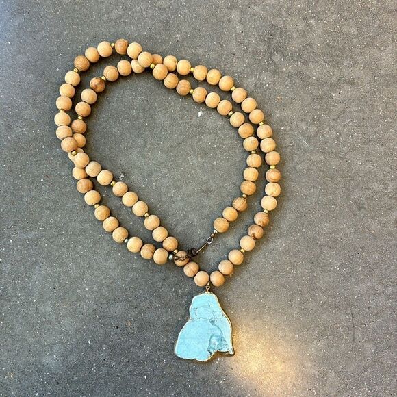 Jewelry - Necklace wooden beads with stone pendant turquoise brown
